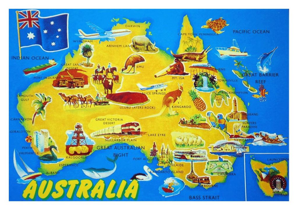 Colorful tourist map of Australia showing landmarks and animals around the continent