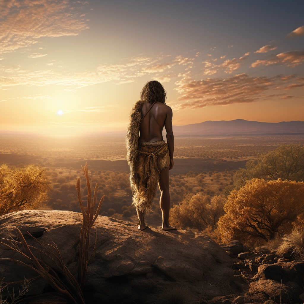 AI generated photo realisic prehistoric man from the back standing on a cliff gazing at the horizon with sun rising